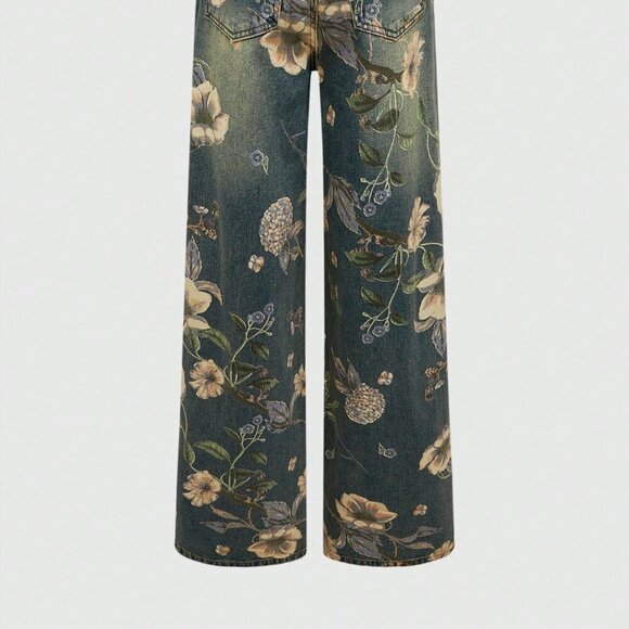 Blue Casual Women's Floral Printed Washed Loose Wide Leg Jeans - Picture 4 of 5